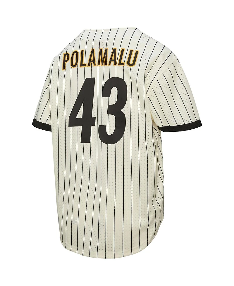 Mitchell & Ness Men's Troy Polamalu Cream Pittsburgh Steelers Name Number Mesh Button-Up Baseball Jersey