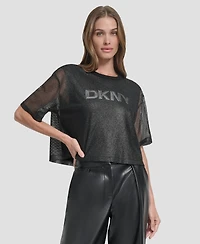 Dkny Women's Short Sleeve Mesh Overlay Logo Knit Top