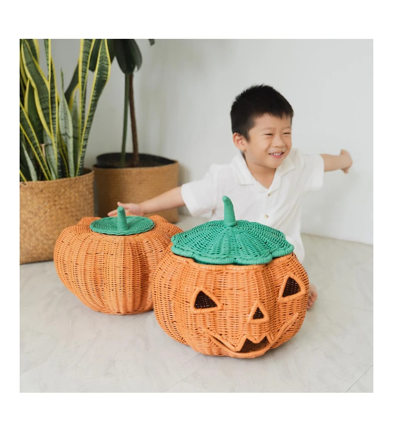 Momiji - Handcrafted Rattan Pumpkin Face Basket - Wicker