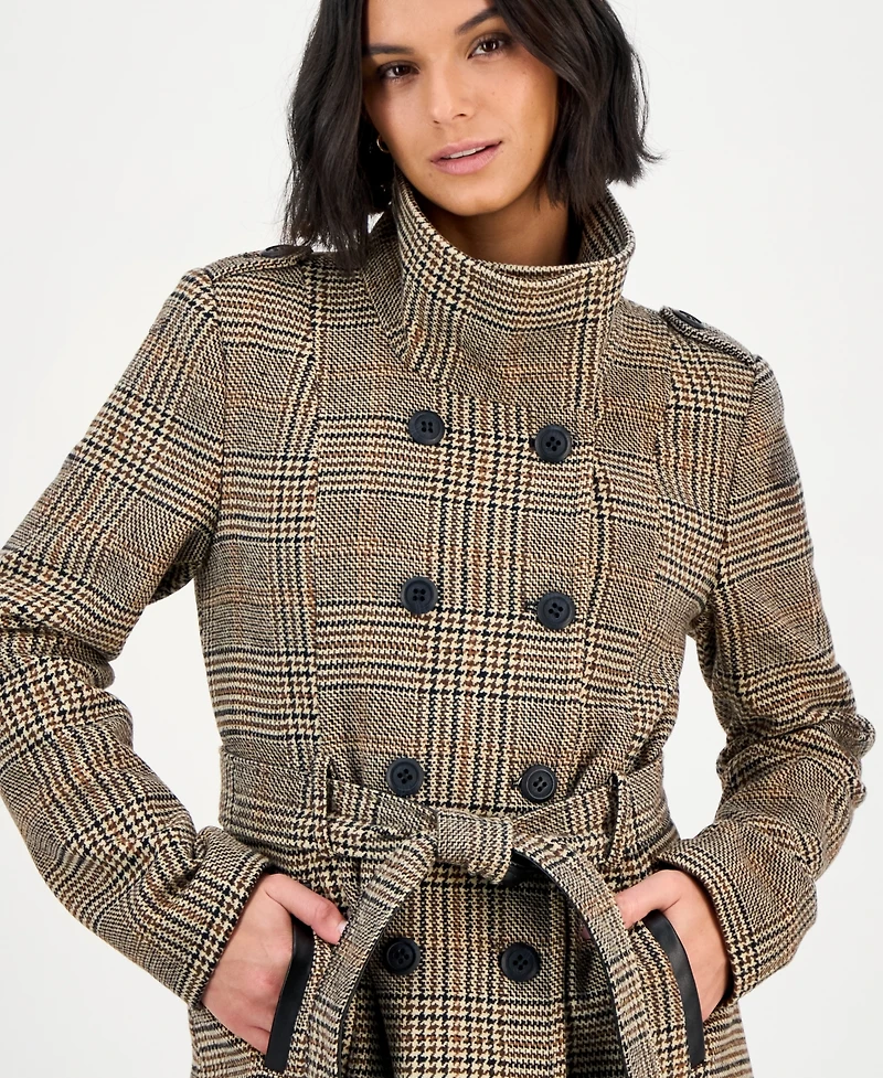 Bcx Juniors' Plaid Funnel-Neck Trench Coat