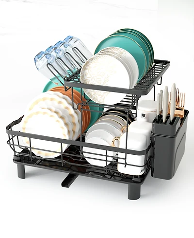2-Tier Detachable Dish Drying Rack Stainless Steel Rack with Cutlery Box and Cup Holder