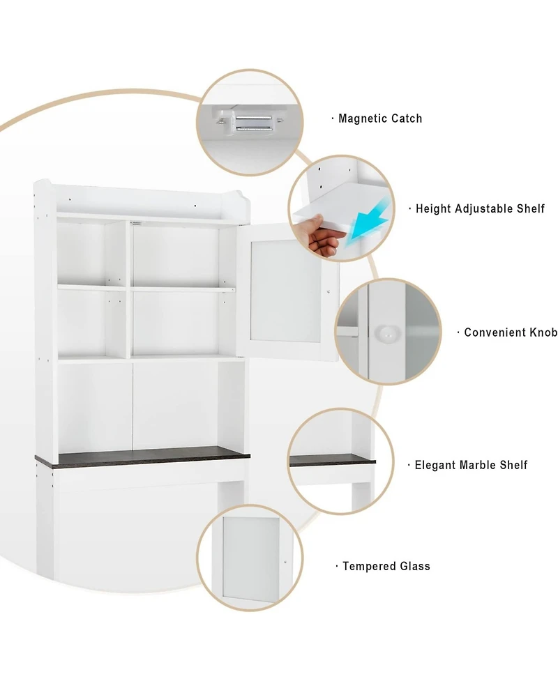 Vanirror White Over The Bathroom Storage Cabinet, Freestanding Wood Space-Saving Organizer with Glass Door & Adjustable Shelves