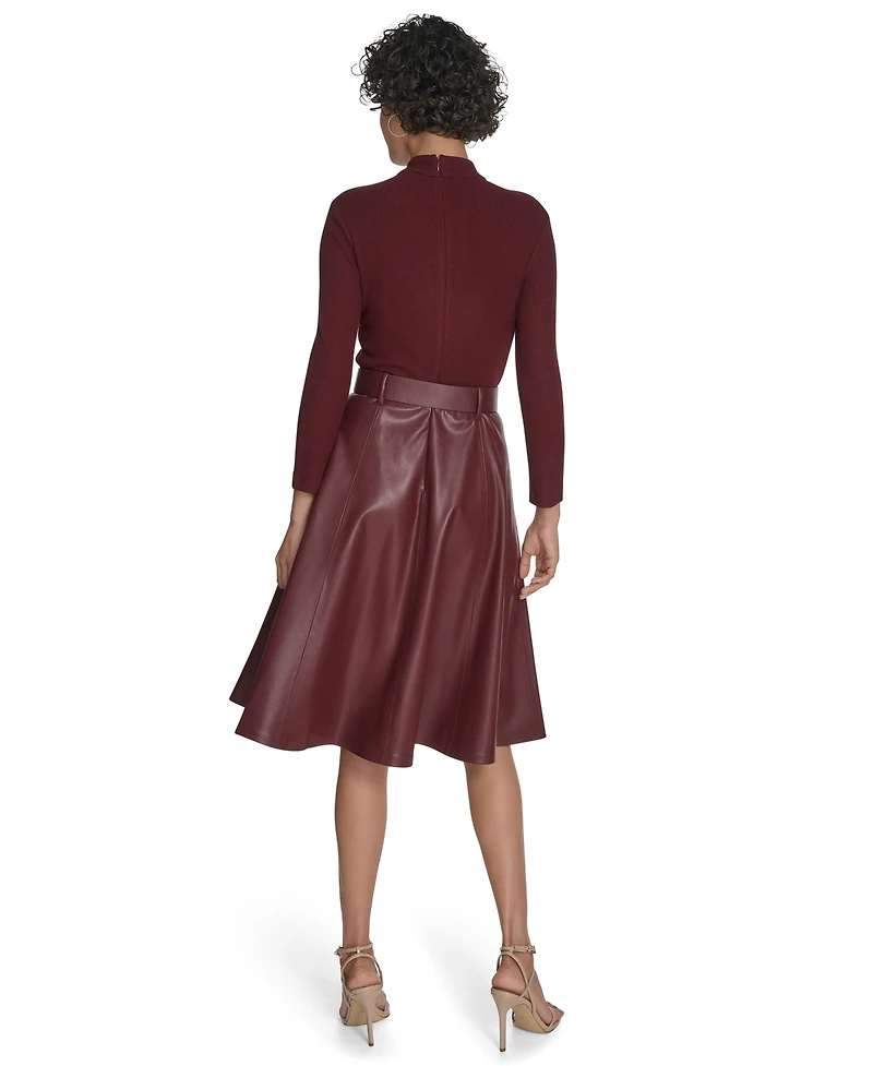 Calvin Klein Women's Pleather Combo Midi Dress