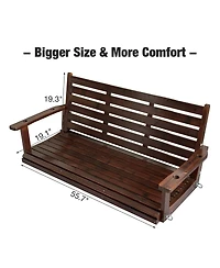 Wooden Porch Swing, Ergonomic Seat, Bench Swing with Hanging Chains and 7mm Springs, Heavy Duty 880 Lbs, for Outdoor Patio Garden Yard (Deep Brown, 3-