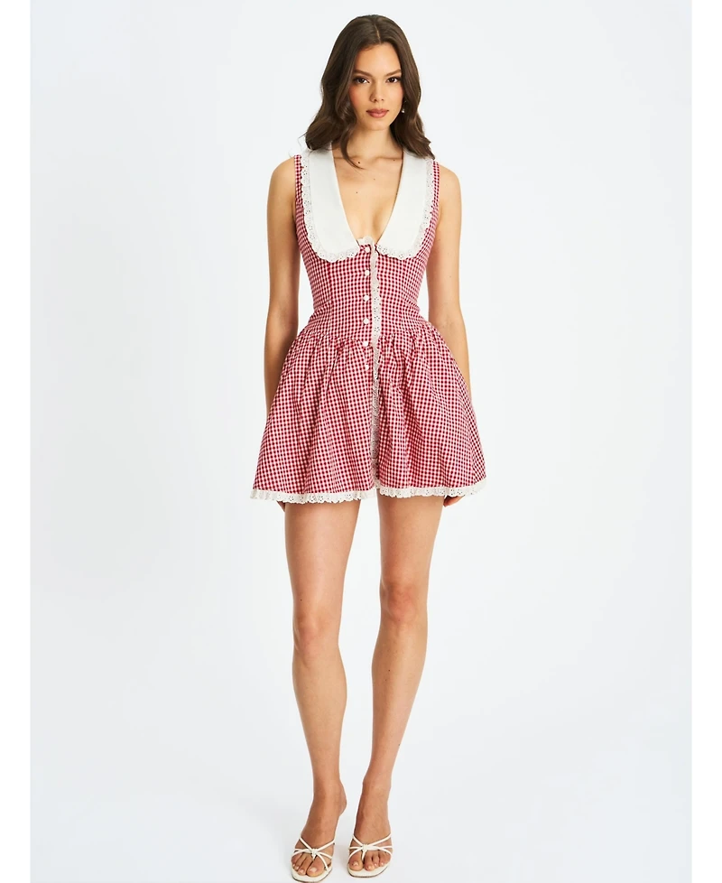 Miss Circle Women's Nala Red Gingham Eyelet Lace Trim Peterpan Collar Mini Dress