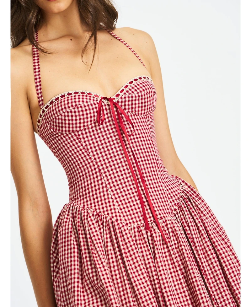 Miss Circle Women's Susanna Red Gingham Halter Drop Waist Midi Dress