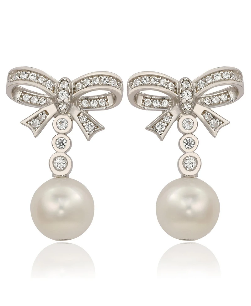 Suzy Levian Sterling Silver Pearl & White Sapphire Bow Earrings