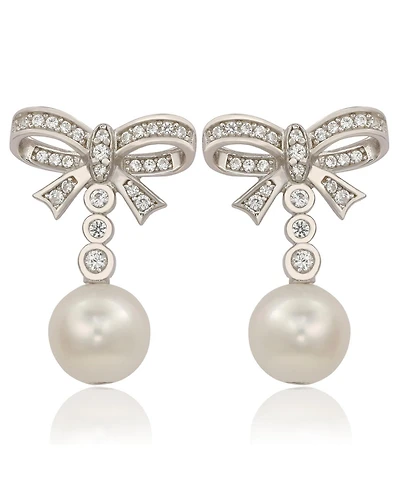 Suzy Levian Sterling Silver Pearl & White Sapphire Bow Earrings