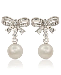 Suzy Levian Sterling Silver Pearl & White Sapphire Bow Earrings