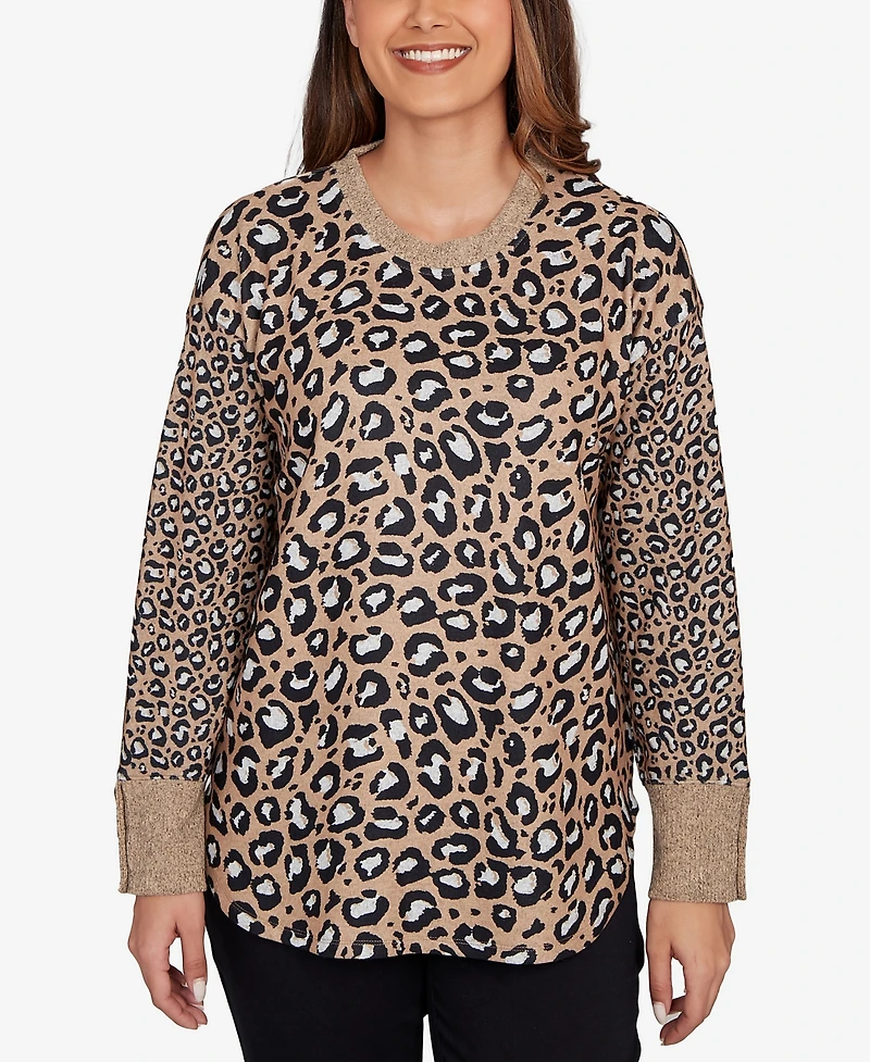 Ruby Rd. Petite Trimmed Cozy Animal Print Sweater