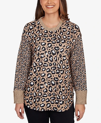 Ruby Rd. Petite Trimmed Cozy Animal Print Sweater