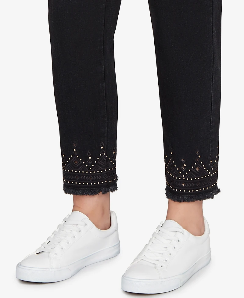 Ruby Rd. Petite Pull On Embroidered Hem Black Ankle Jeans