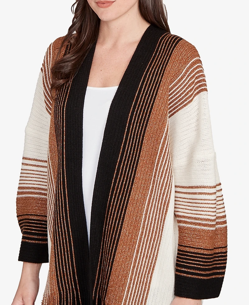 Ruby Rd. Petite Open Fringed Stripe Cardigan Sweater