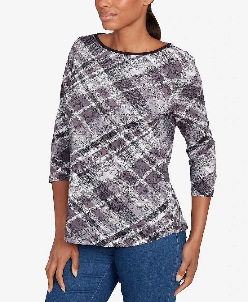 Ruby Rd. Petite Solid Tipped Plaid Knit Top