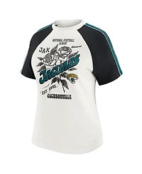 Wear by Erin Andrews Women's White Jacksonville Jaguars Sleeve Stripe Distressed Raglan T-Shirt