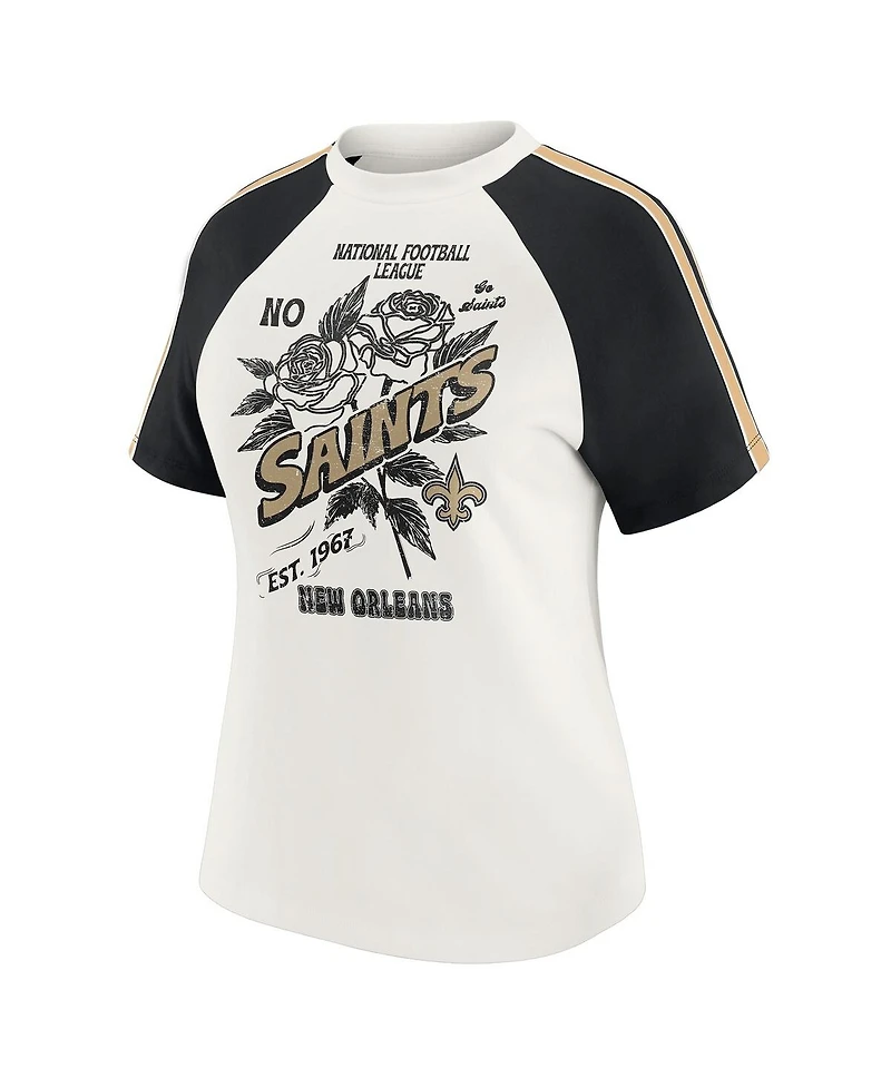 Wear by Erin Andrews Women's White New Orleans Saints Sleeve Stripe Distressed Raglan T-Shirt
