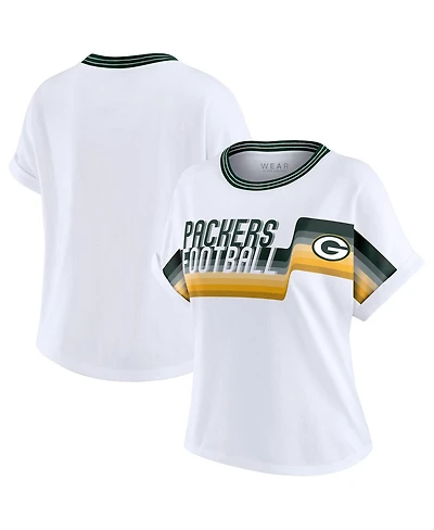 Wear by Erin Andrews Women's White Green Bay Packers Cropped Center Stripe Dolman T-Shirt