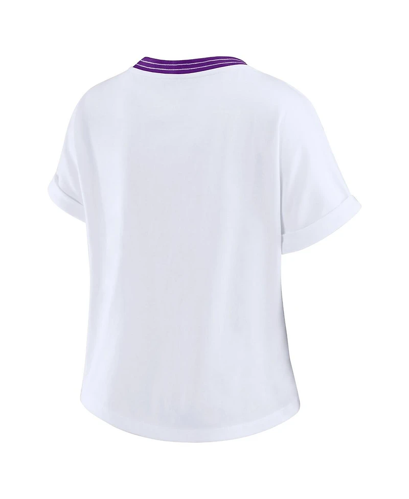 Wear by Erin Andrews Women's White Minnesota Vikings Cropped Center Stripe Dolman T-Shirt