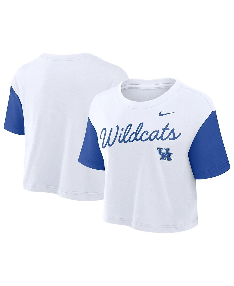Nike Women's White/Royal Kentucky Wildcats Color-Block Script Performance Cropped T-Shirt