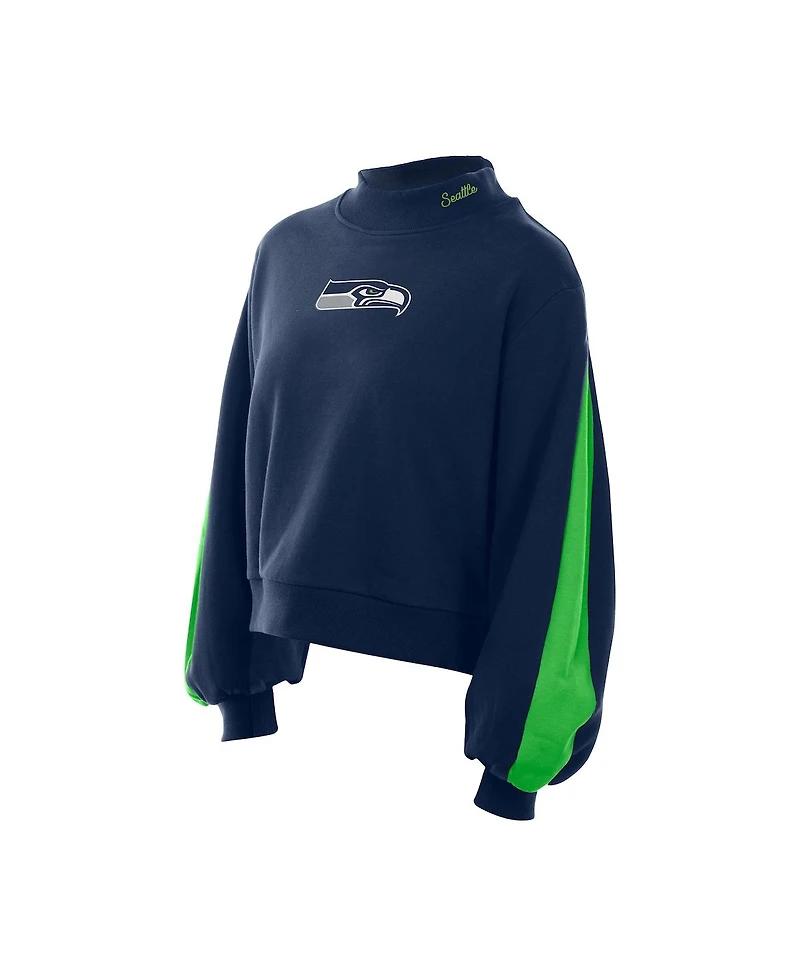 New Era Women's College Navy Seattle Seahawks Sport Night Mock Neck Balloon Sleeve Pullover Sweatshirt