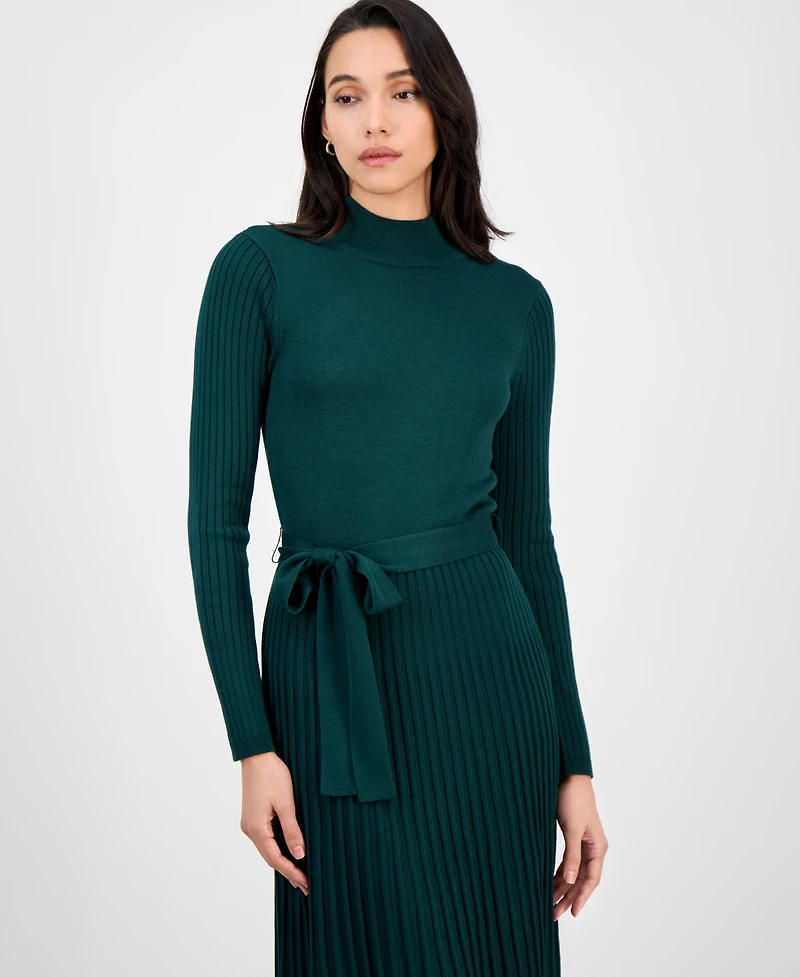 Sandra Darren Women's Tie-Front Pleated Mock-Neck Sweater Dress