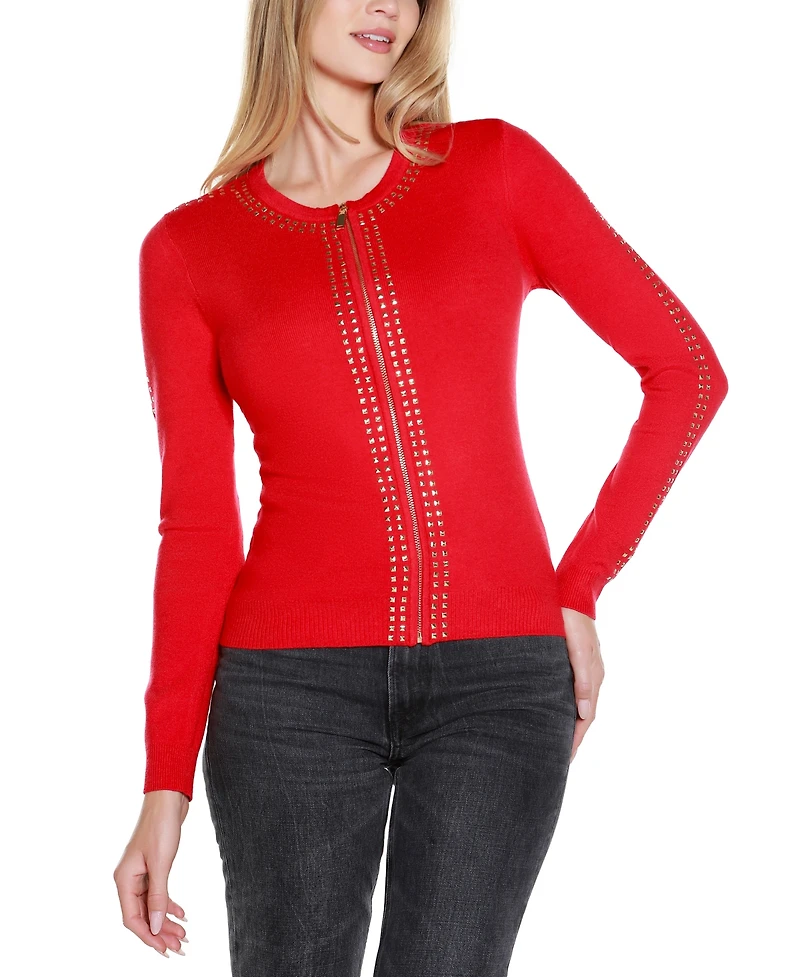 Belldini Women's Crewneck Embellished Zip Cardigan Sweater