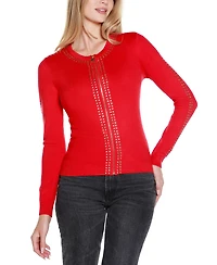 Belldini Women's Crewneck Embellished Zip Cardigan Sweater
