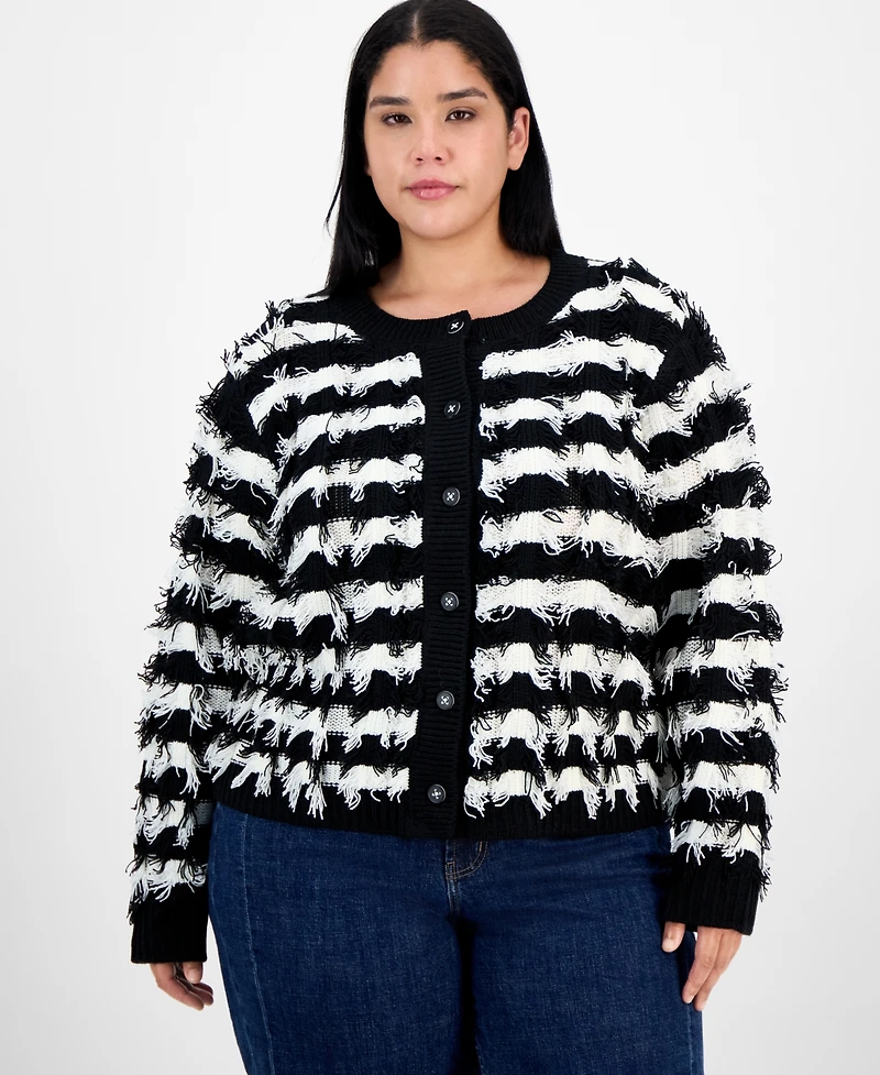 Liverpool Los Angeles Trendy Plus Stripe Fringe-Knit Cardigan