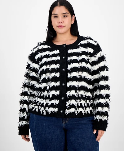 Liverpool Los Angeles Trendy Plus Stripe Fringe-Knit Cardigan
