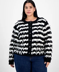 Liverpool Los Angeles Trendy Plus Stripe Fringe-Knit Cardigan