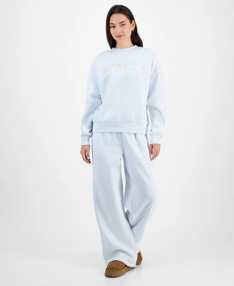 Madden Girl Juniors' Sequin Heart Wide-Leg Sweatpants