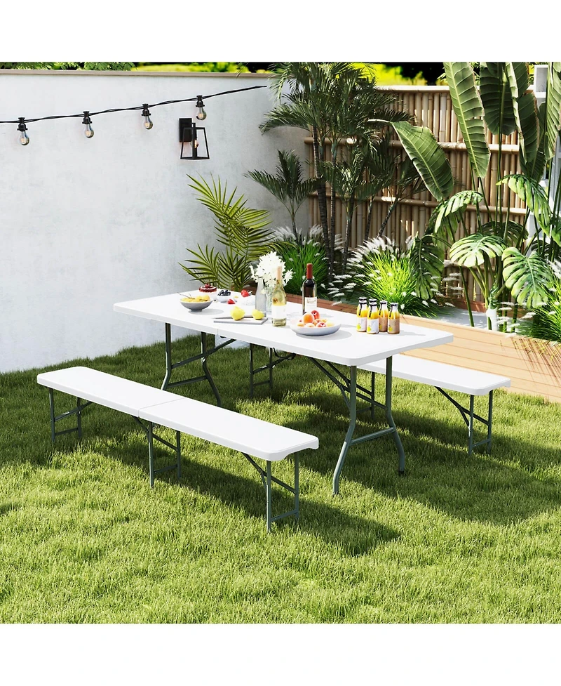 Gymax 3 Pcs Folding Picnic Table Set w/ 6 ft Table & 2 Benches Hdpe Tabletop Bench Top