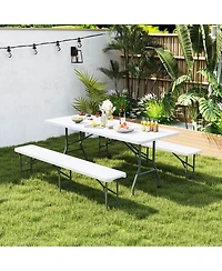 Gymax 3 Pcs Folding Picnic Table Set w/ 6 ft Table & 2 Benches Hdpe Tabletop Bench Top