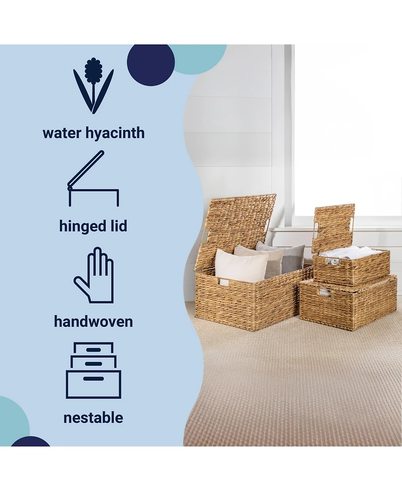 Happimess Brooks Classic Farmhouse Woven Hyacinth Rectangular Storage Baskets with Lids and Handles (Set of 3)