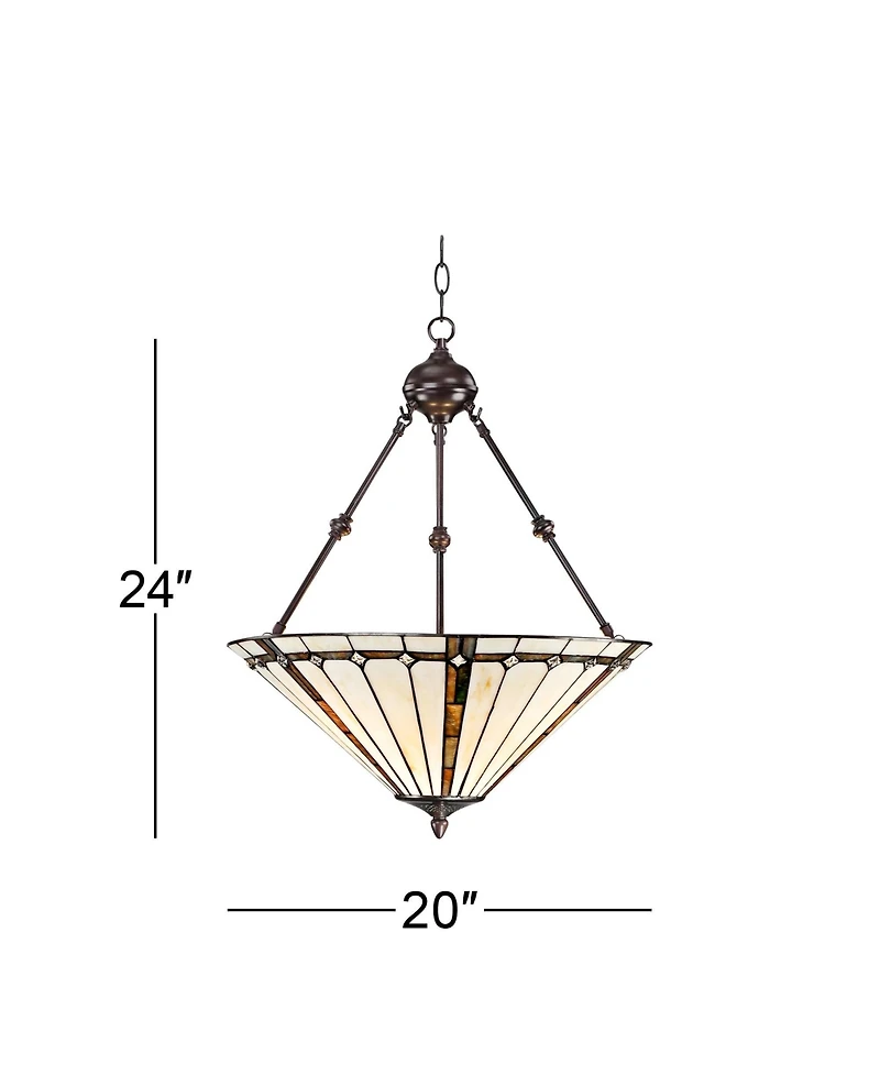 Robert Louis Tiffany Bronze Pendant Chandelier 20" Wide Tiffany Style Gold Texture Ivory Stained Glass Dining Room House Kitchen