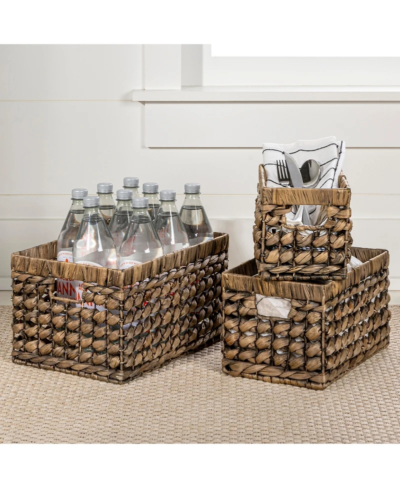 Hayden Bohemian Cottage Hand-Woven Hyacinth Rectangular Nesting Baskets with Handles (Set of 3)