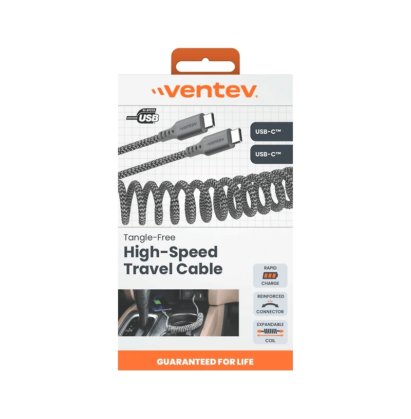 Ventev Helix Usb C to Usb C High Speed Travel 3 Foot Cable-Gray