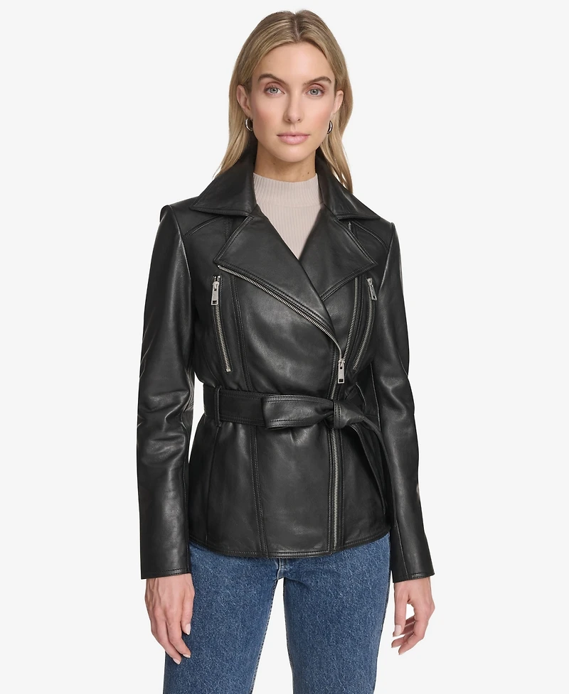 Andrew Marc Women's Violet Belted Moto Leather Jacket