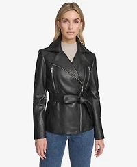 Andrew Marc Women's Violet Belted Moto Leather Jacket