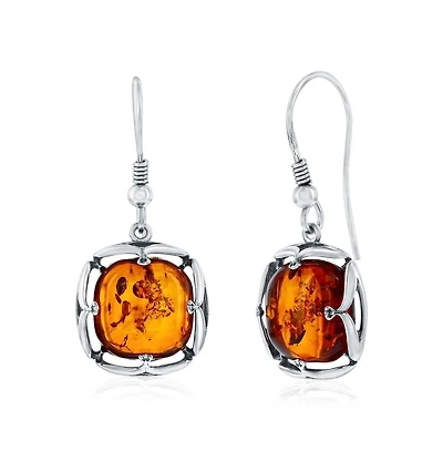 Caribbean Treasures Sterling Silver, Square Designed Amber Dangle Earrings