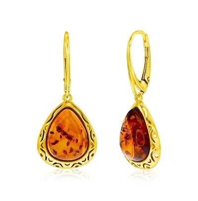 Caribbean Treasures Sterling Silver, Triangle Amber, Designed Outline Earrings - Gold Plated