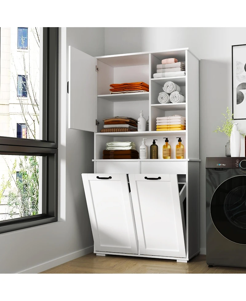 Casainc Laundry Cabinet with Doors, Tilt-Out Hamper, Open and Adjustable Shelves