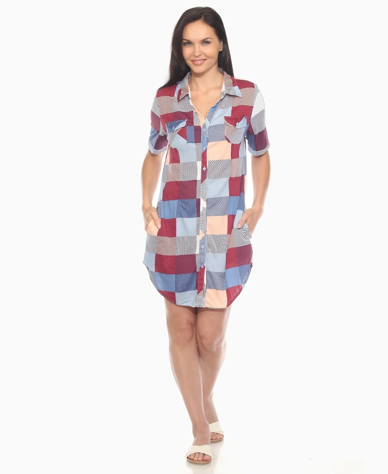 White Mark Women's Short Sleeve Plaid Button-Down Shirt Dress