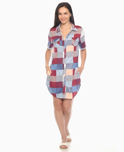 White Mark Women's Short Sleeve Plaid Button-Down Shirt Dress