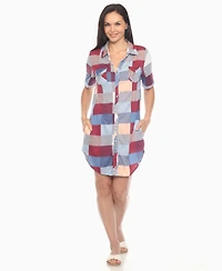 White Mark Women's Short Sleeve Plaid Button-Down Shirt Dress
