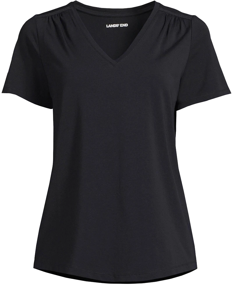 Lands' End Women's Petite Short Sleeve Lightweight Jersey Gathered Shoulder T-Shirt