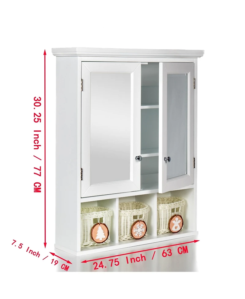 Casainc White Bathroom Mirror Cabinet with Double Doors and Christmas Style Storage Baskets