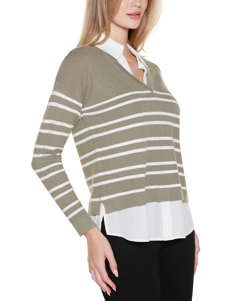 Belldini Women's Striped V-Neck Two-Fer Sweater