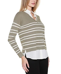 Belldini Women's Striped V-Neck Two-Fer Sweater