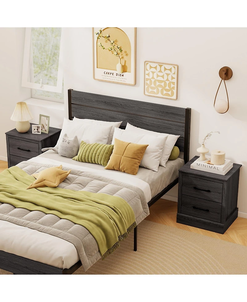Gymax Set of 2 Drawer Nightstand Bedside Table Compact Sofa End Table Oak Dark Grey